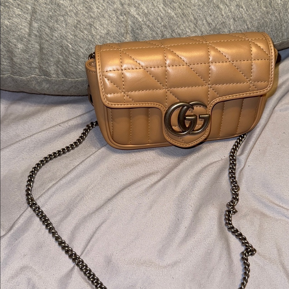 Tan Quilted Crossbody Bag with Chain Strap